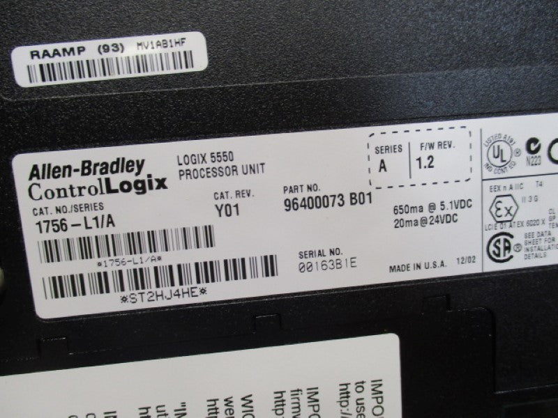 INDUSTRIAL SPARE PART CONTROLLOGIX 1756-L1 SER. A F/W 1.2 PROCESSOR UNIT  NSMP