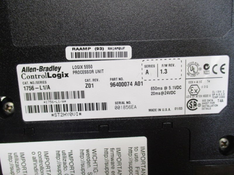 INDUSTRIAL SPARE PART CONTROLLOGIX 1756-L1 SER. A F/W 1.3 PROCESSOR UNIT  NSMP