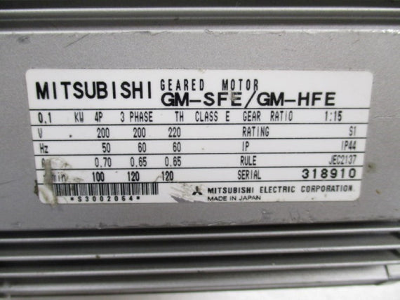 MITSUBISHI GM-SFE/GM-HFE GEARED MOTOR 3PH RATIO 1:15 * USED *