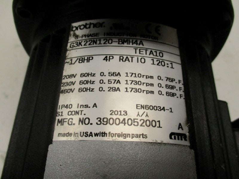BROTHER G3K22N120-BMH4 INDUCTION MOTOR 3PHRATIO 120:1  UNMP