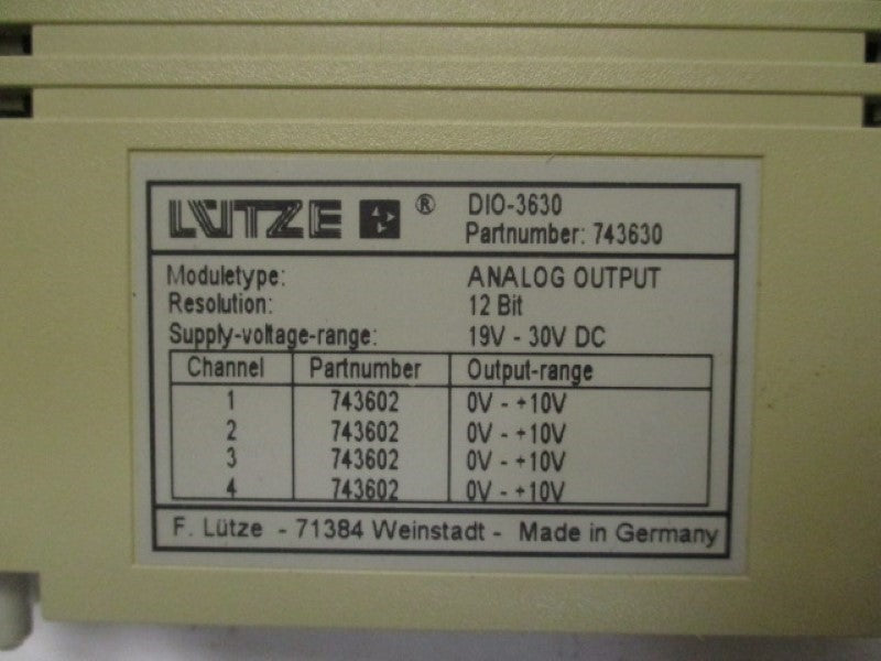 LUTZE DIO-3630 743630 ANALOG OUTPUT MODULE  NSNP