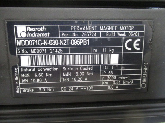 REXROTH MDD071C-N-030-N2T-095PB1 SERVO MOTOR 6.60NM 10.80A* USED *