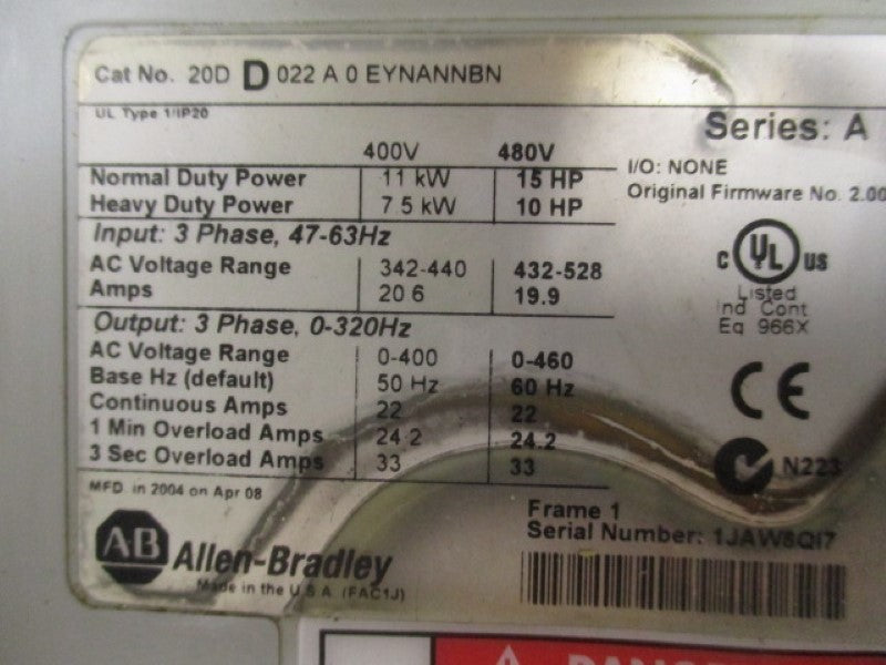 INDUSTRIAL SPARE PART 20DD022A0EYNANNBN SER. A  F/W 2.004 DRIVE (AS PICTURED)  UNMP