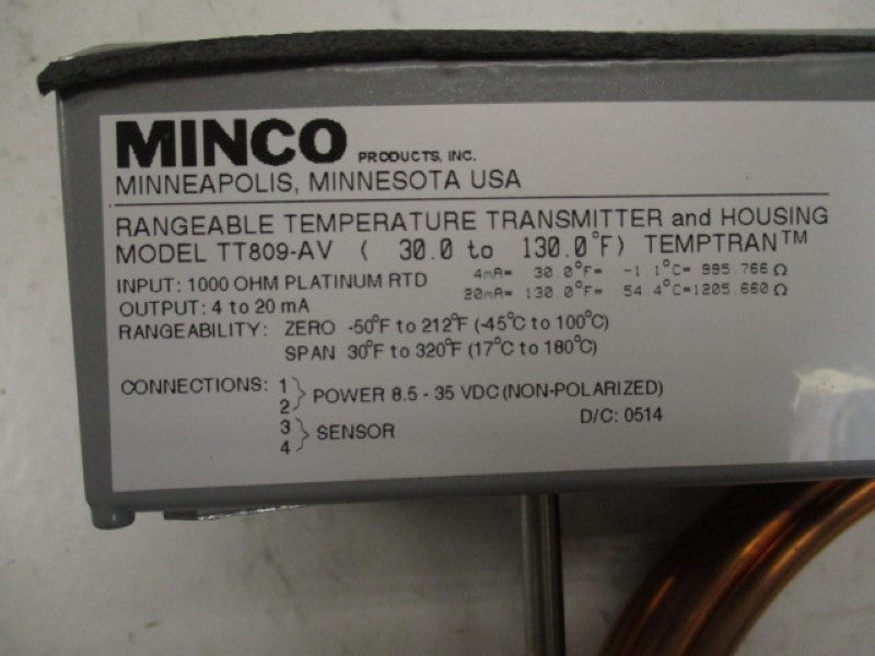 MINCO TT809-AV TEMPERATURE TRANSMITTER 30-130DEG F (AS PICTURED)  NSNP