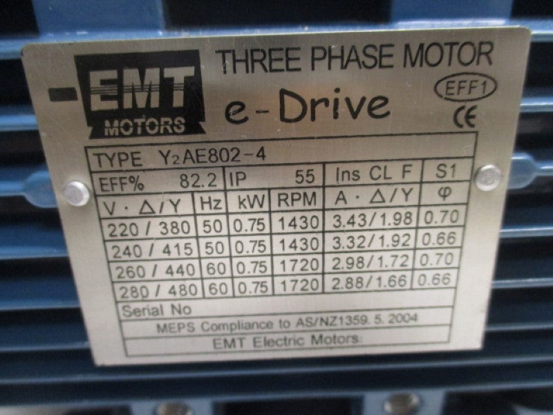 EMT MOTORS  Y2AE2-802-4 E-DRIVE 3PH MOTOR  NSMP