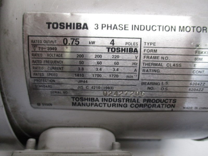 TOSHIBA 71-3949 3PH INDUCTION MOTOR 0.75KW (AS PICTURED)  UNMP