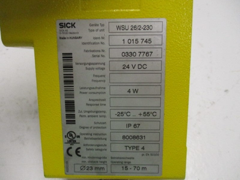 SICK WSU26/2-230 LIGHT CURTAIN SENDER SINGLE POINT 4W 24VDC  NSNP
