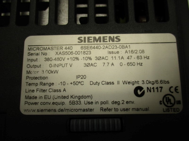 SIEMENS MICROMASTER 440 6SE6440-2AD23-0BA AC DRIVE (AS PICTURED)  UNMP