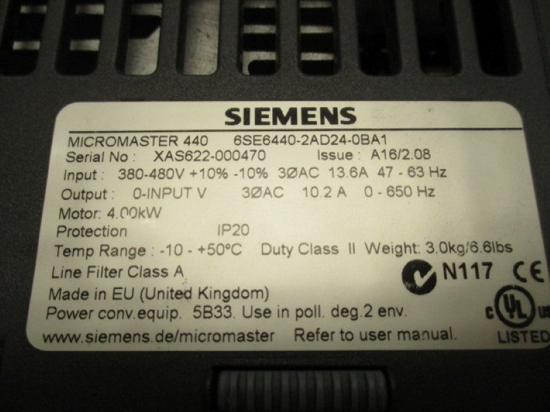 SIEMENS MICROMASTER 440 6SE6440-2AD24-0BA DRIVE 4HP 3KW (AS PICTURED)  UNMP