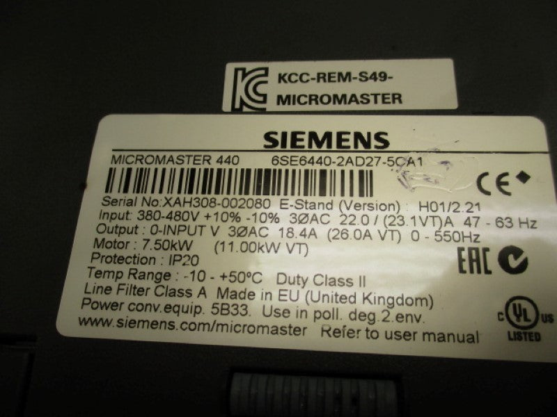SIEMENS MICROMASTER 440 6SE6440-2AD27-5CA1 AC DRIVE (AS PICTURED) *USED *