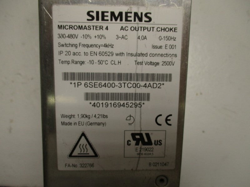 SIEMENS MICROMASTER 4 6SE6400-3TC00-4AD2 OUTPUT REACTOR FSA 480V  UNMP