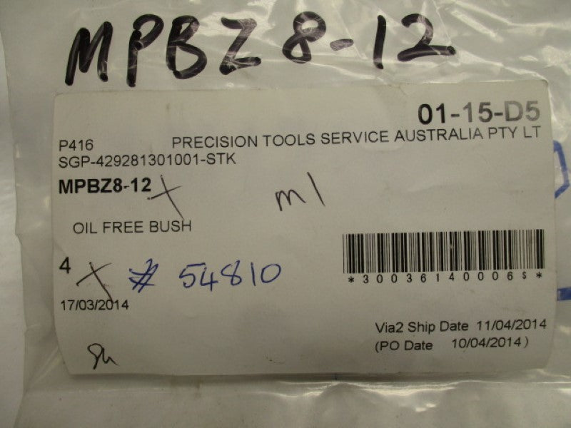 MISUMI MPBZ8-12 OIL FREE BUSH (PKG OF 4) * NEW IN FACTORY BAG *