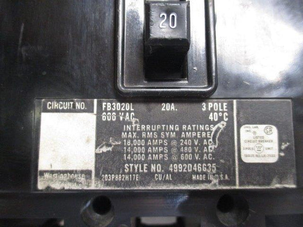 WESTINGHOUSE FB3020L CIRCUIT BREAKER 20A (AS PICTURED)  UNMP