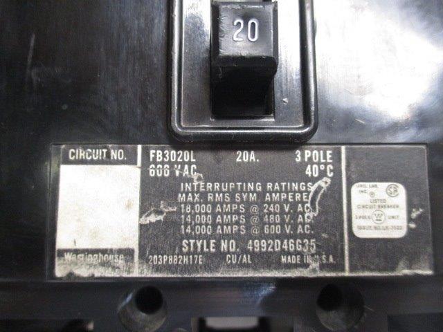 WESTINGHOUSE FB3020L CIRCUIT BREAKER 20A (AS PICTURED)  UNMP