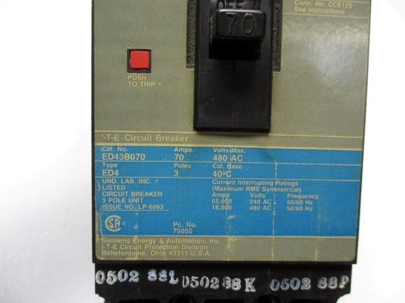SIEMENS ED43B070 70A 480VAC UNMP