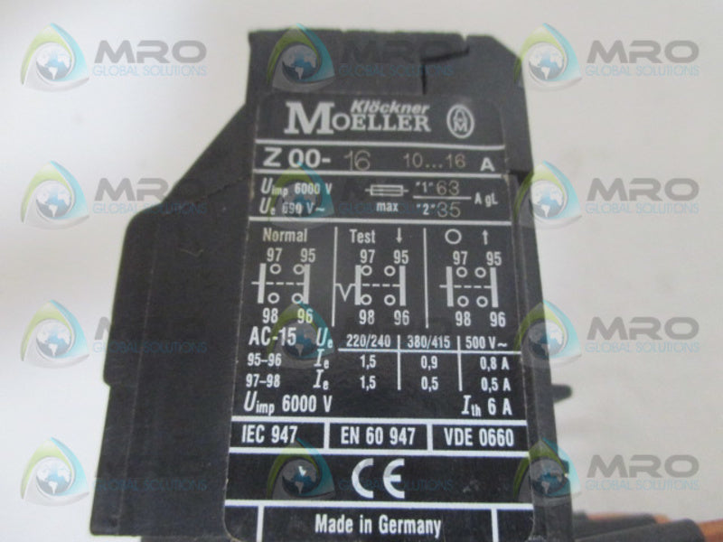 KLOCKNER MOELLER Z00-16 OVER LOAD RELAY 10-16A * USED *