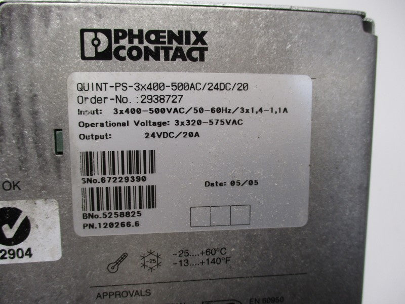 PHOENIX CONTACT QUINT-PS-3X400-500AC/24DC/20 2938727 400-500VAC 1.4-1.1A NSNP