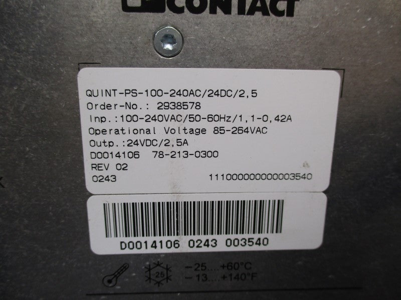 PHOENIX CONTACT QUINT-PS-100-240AC/24DC/2,5 2938578 100-240VAC 1.1-0.42A NSNP