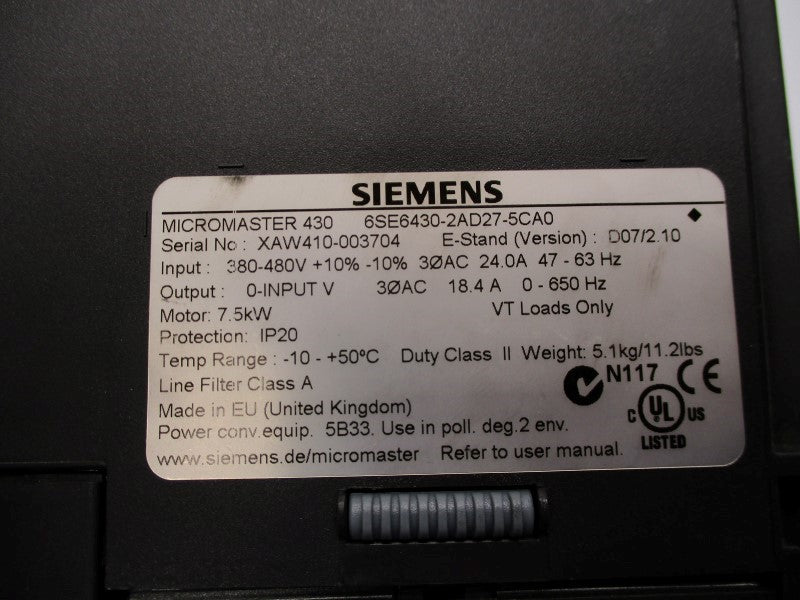 SIEMENS 6SE6430-2AD27-5CA0 (AS PICTURED) UNMP
