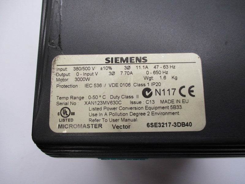SIEMENS 6SE3217-3DB40 (AS PICTURED) NSNP