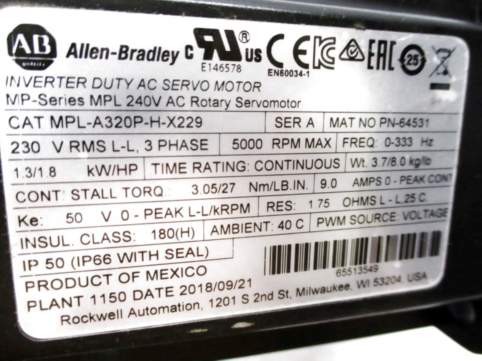 ALLEN BRADLEY MPL-A320P-H-X229 SER. A NSNP