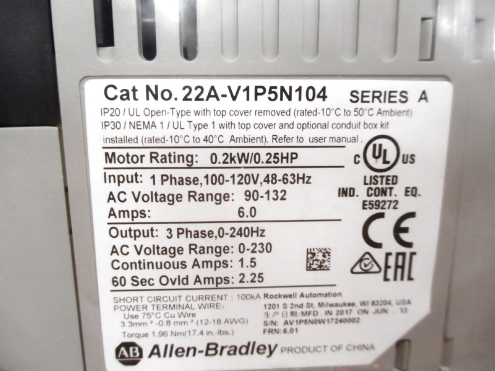 ALLEN BRADLEY 22A-V1P5N104 SER. A F/W 6.01 NSMP