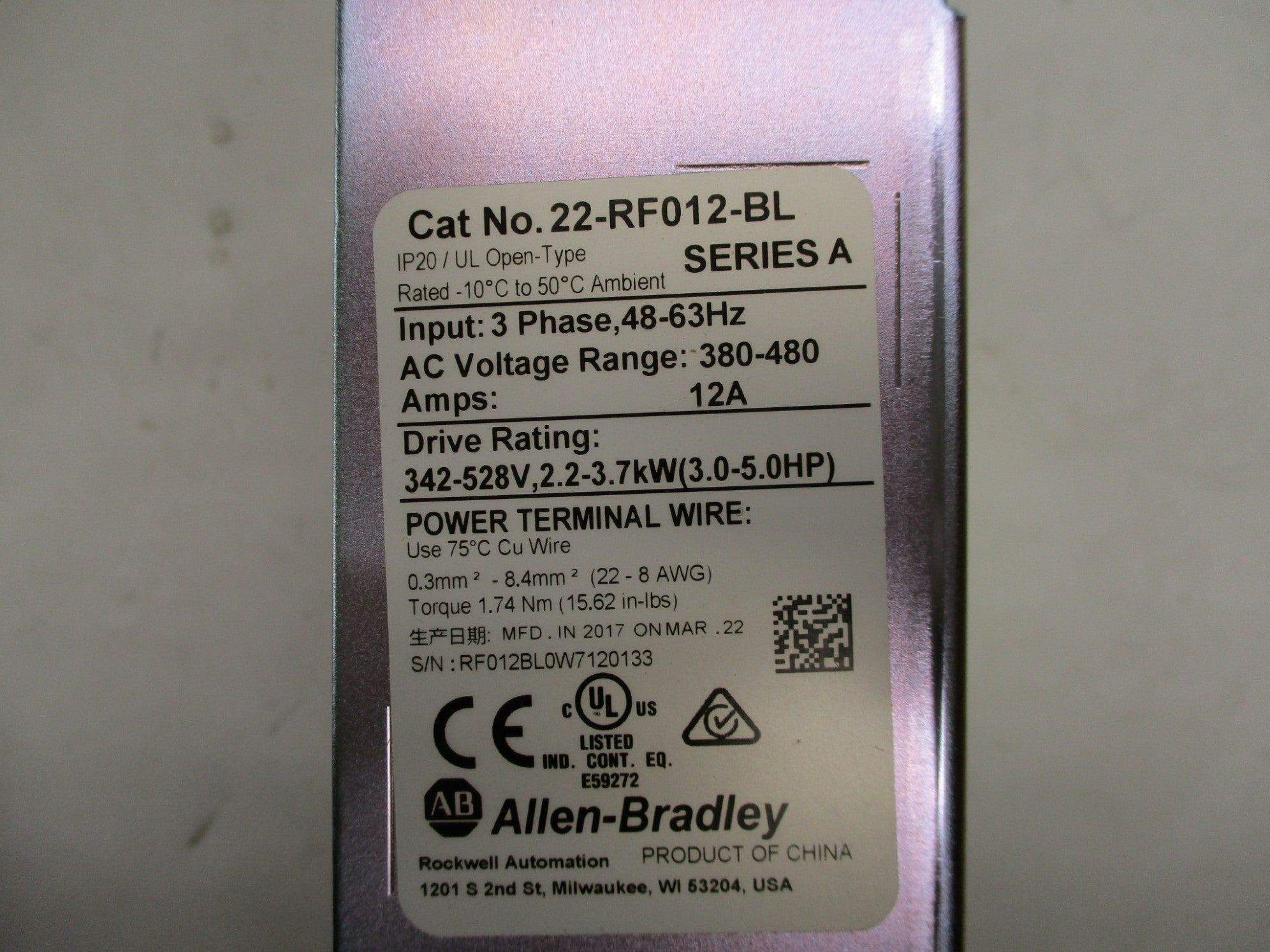 ALLEN BRADLEY 22-RF012-BL SER. A 380-480VAC 12A NSMP