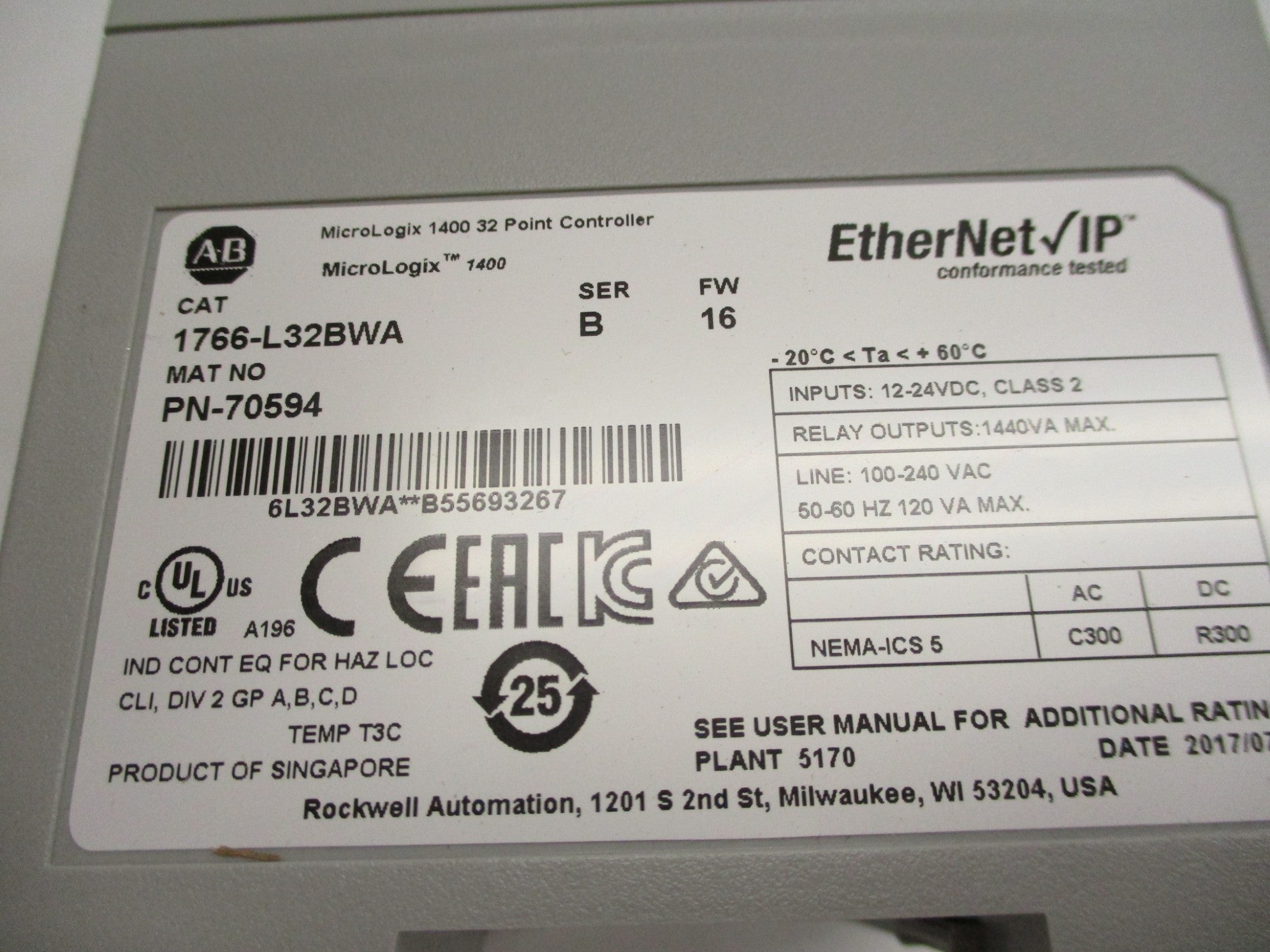 ALLEN BRADLEY 1766-L32BWA SER. B F/W 16 NSMP