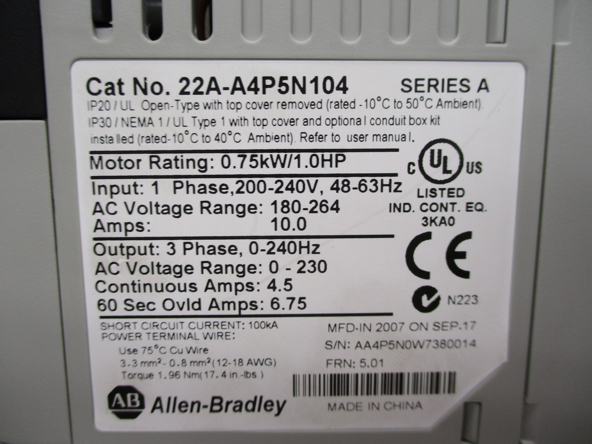 ALLEN BRADLEY 22A-A4P5N104 SER. A F/W: 5.01 NSMP