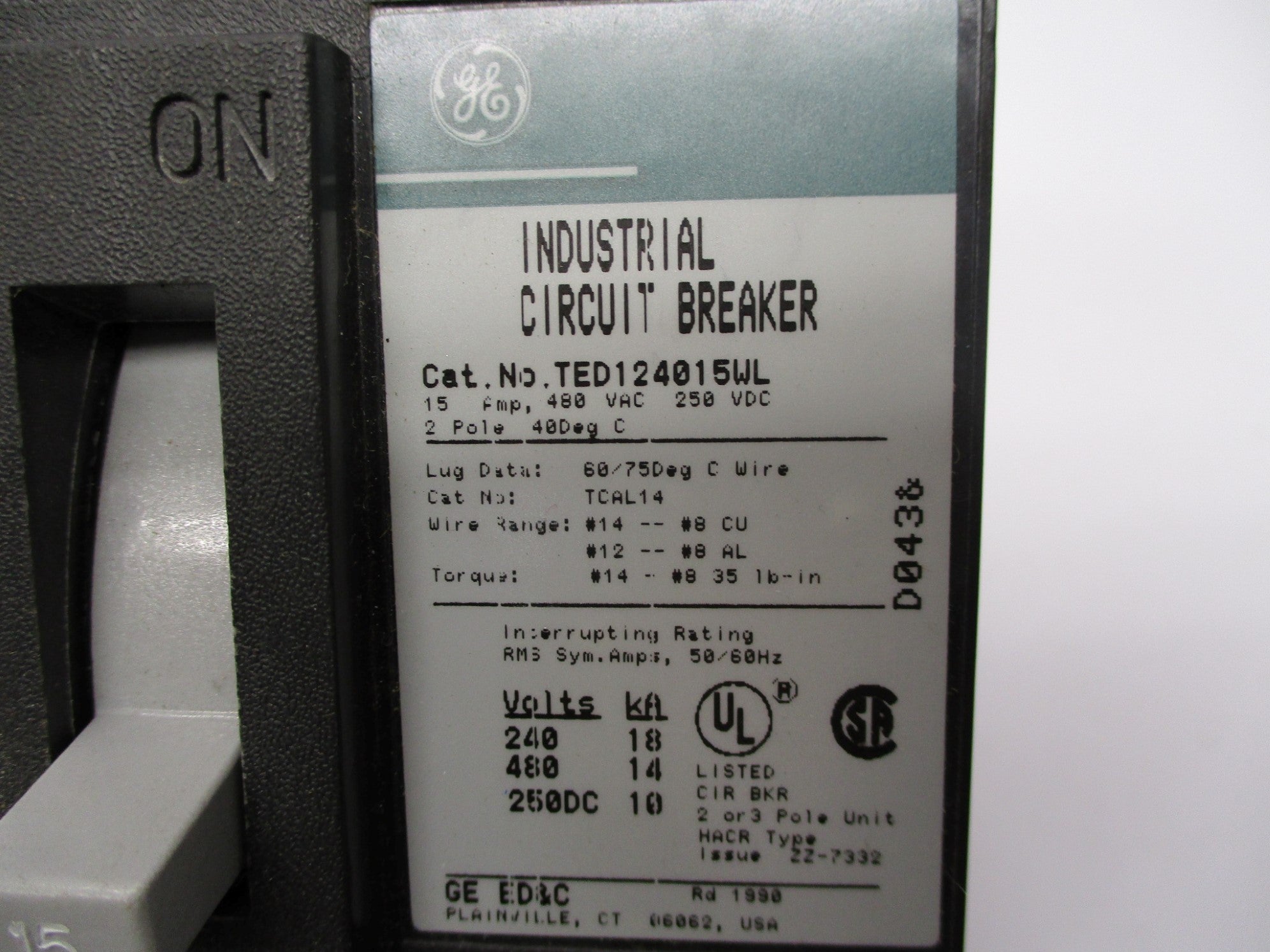 GENERAL ELECTRIC TED124015WL 15A 480VAC/250VDC NSMP