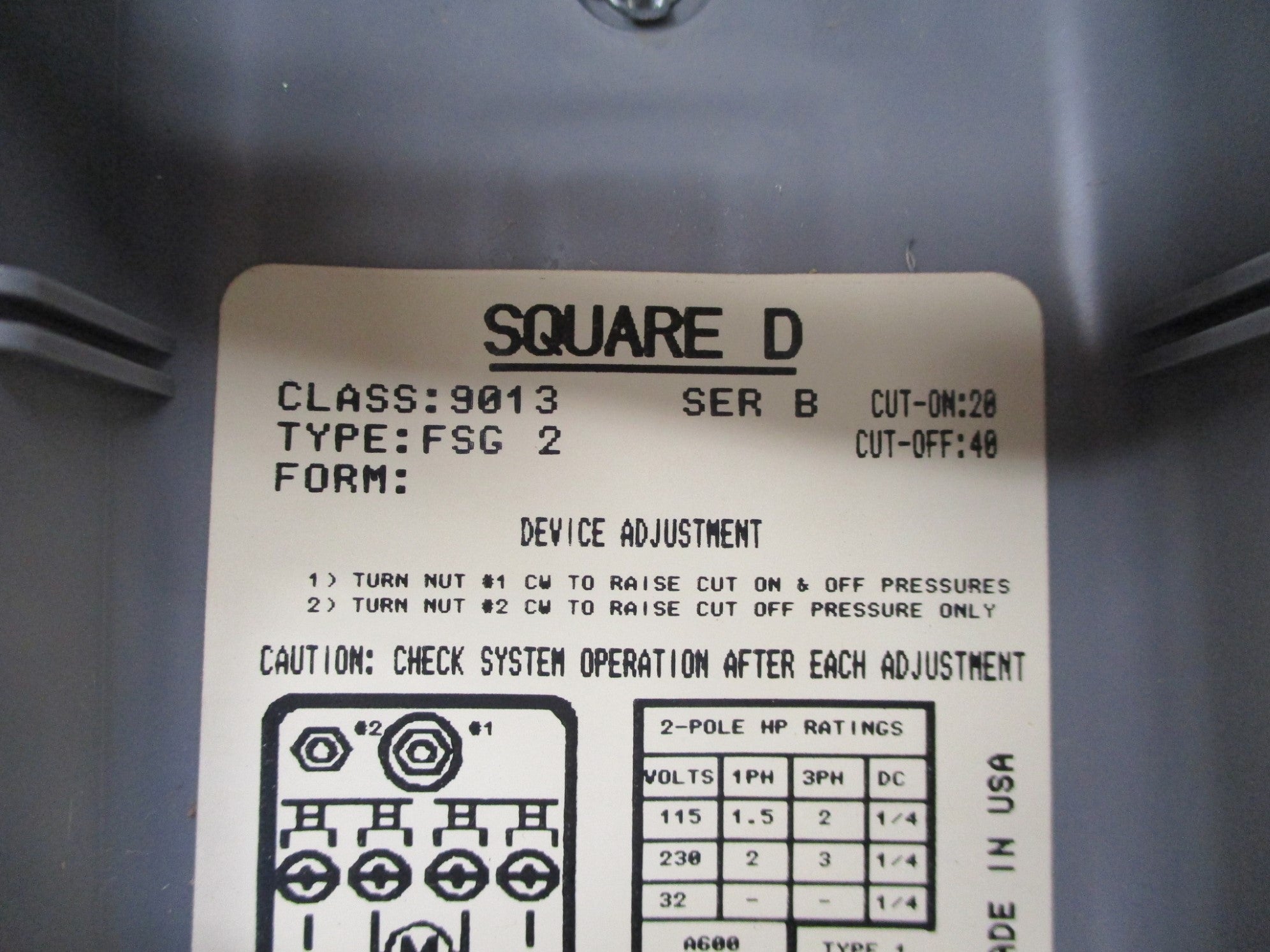 SQUARE D 9013FSG2 SER. B 20/40PSI NSMP