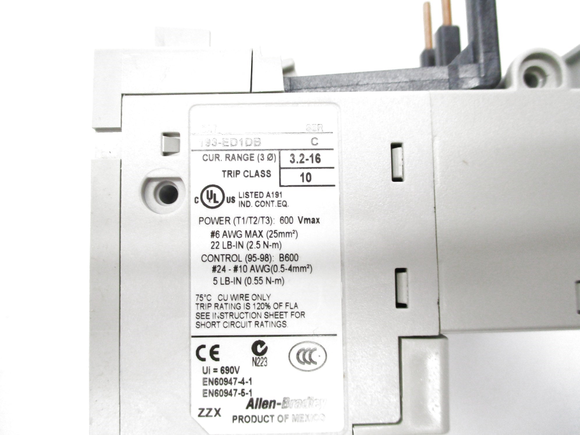 ALLEN BRADLEY 193-ED1DB SER. C 600V 3.2-16A (BR/WH) NSMP