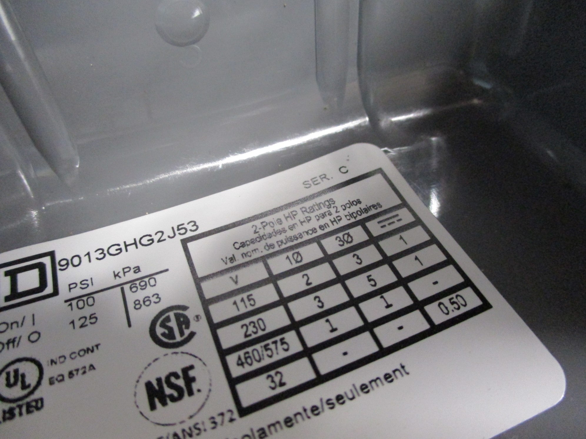 SQUARE D 9013GHG2J53 SER. C 460/675V 100/125PSI NSMP