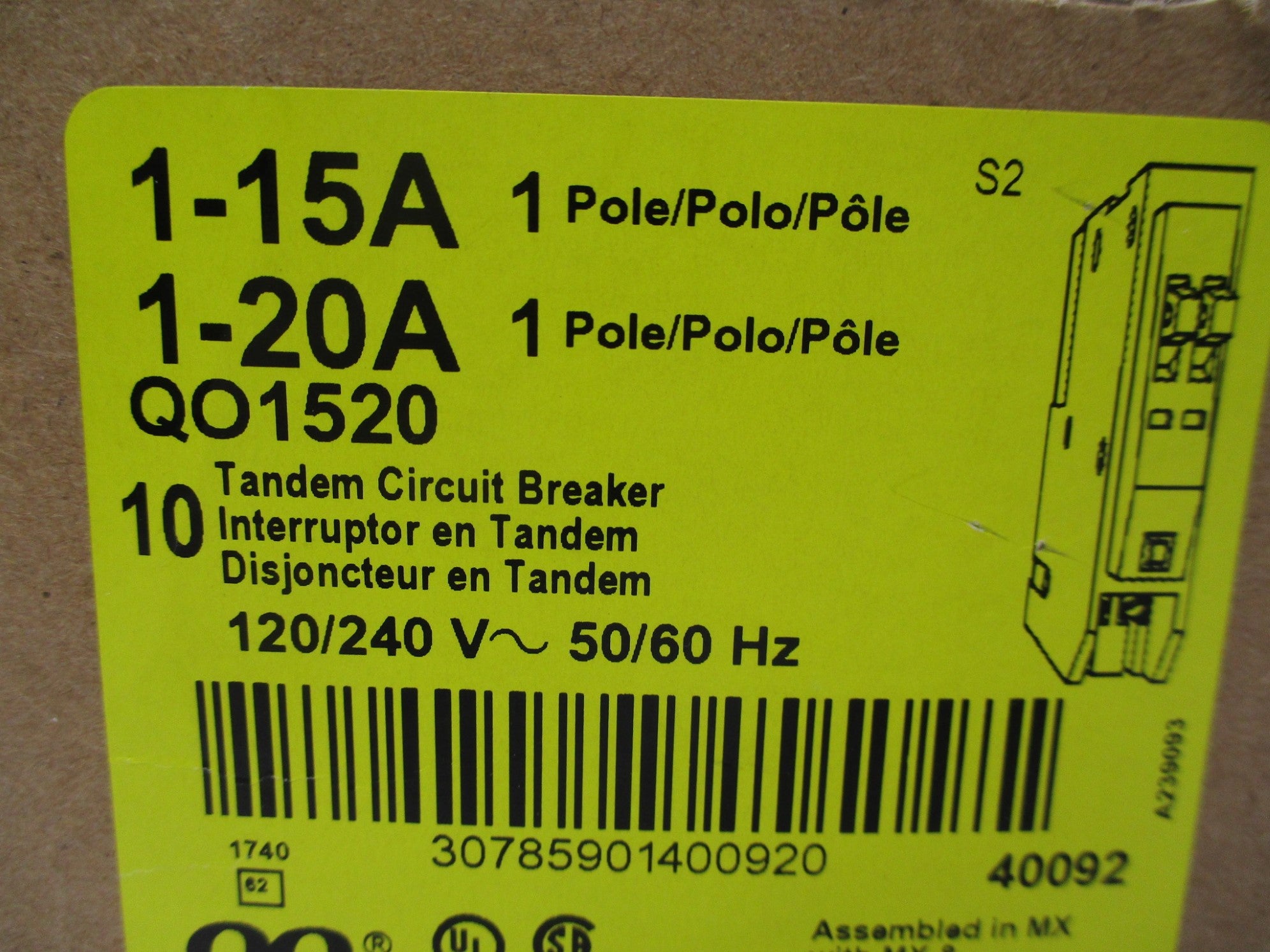 SQUARE D QO1520 15/20A 120/240V NSNP
