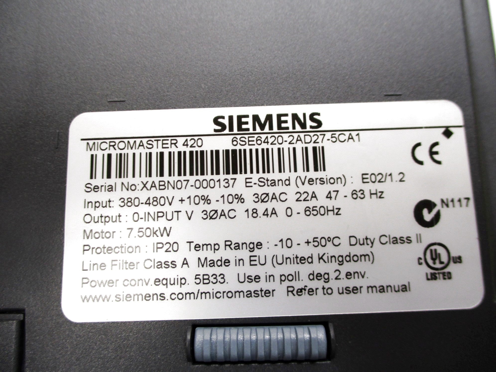SIEMENS 6SE6420-2AD27-5CA1 380-480VAC 22A NSMP