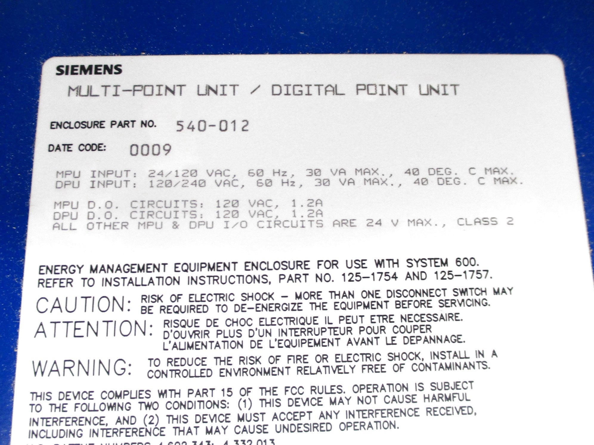 SIEMENS 540-012 (AS PICTURED) NSMP
