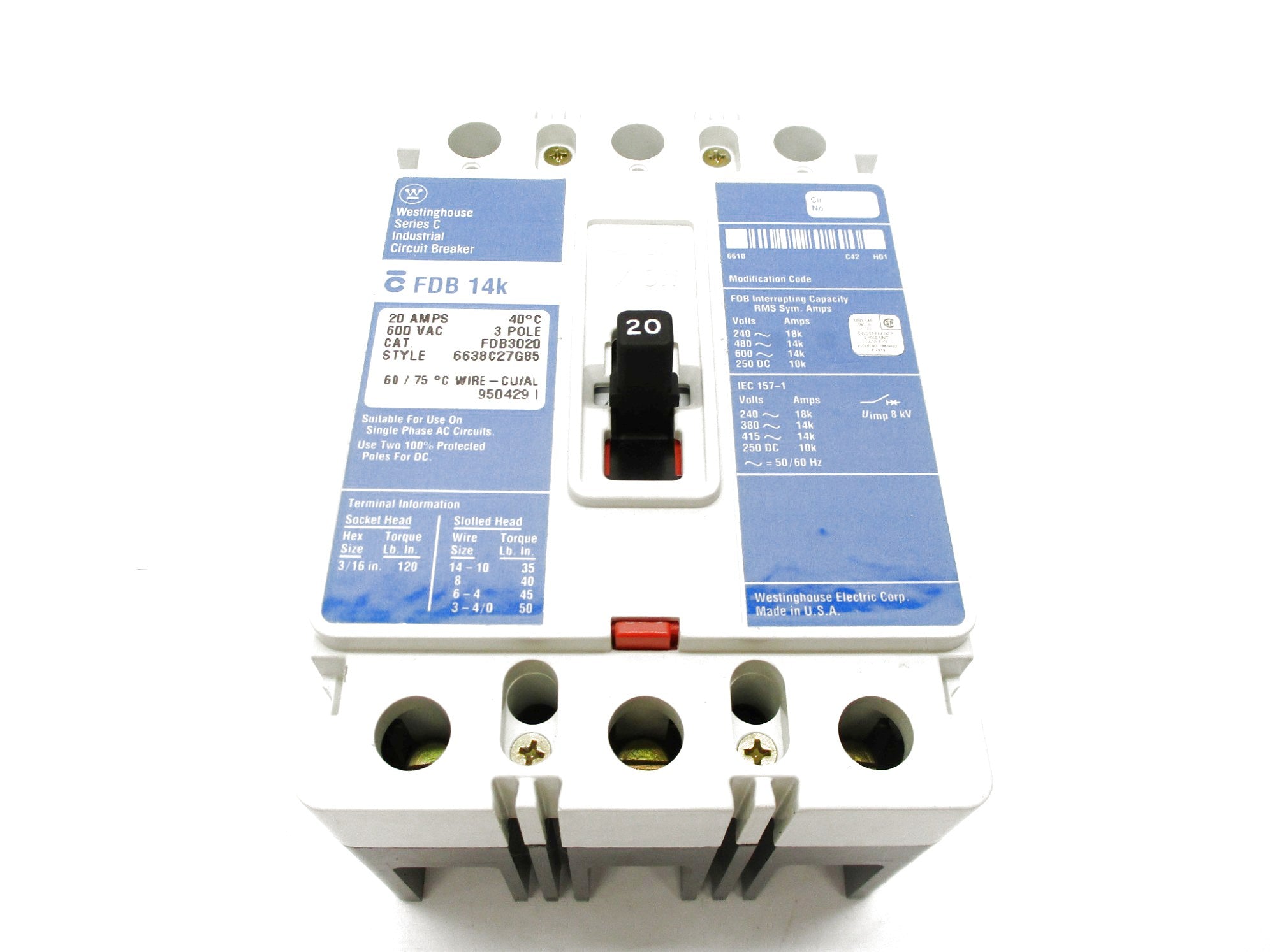 WESTINGHOUSE FDB3020 20A 600VAC SER C (BLUE) NSMP