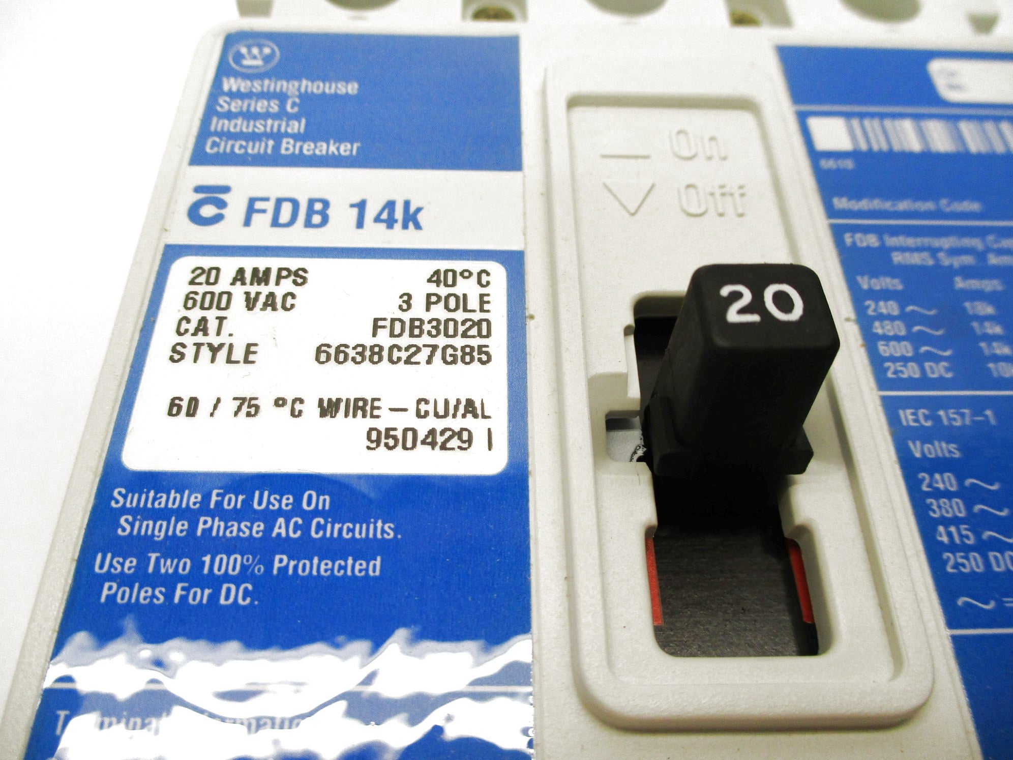WESTINGHOUSE FDB3020 20A 600VAC SER C (BLUE) NSMP