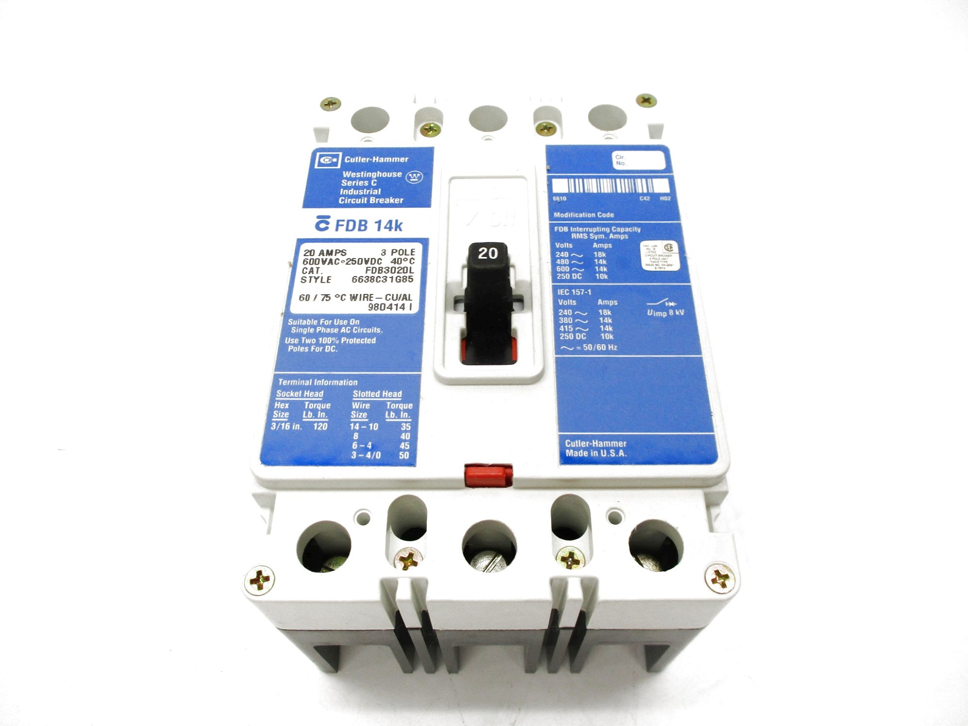 CUTLER HAMMER FDB3020L 20A 480VAC SER C (BLUE) NSMP