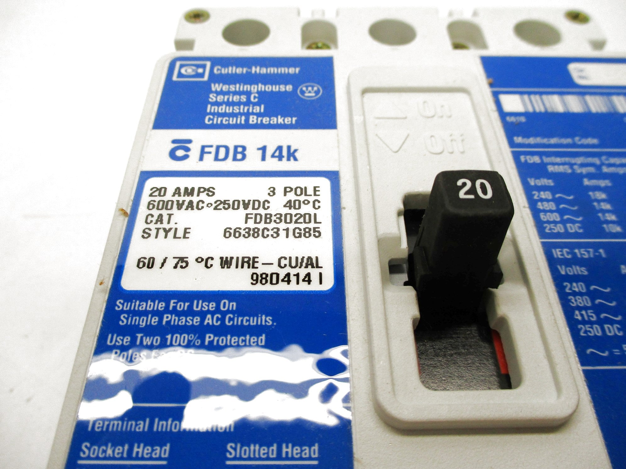 CUTLER HAMMER FDB3020L 20A 480VAC SER C (BLUE) NSMP