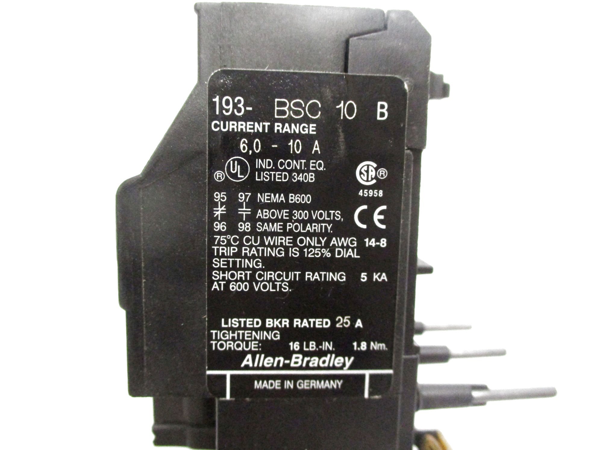 ALLEN BRADLEY 193-BSC10 SER. B 600V 6.0-10A (BK/YL) NSMP
