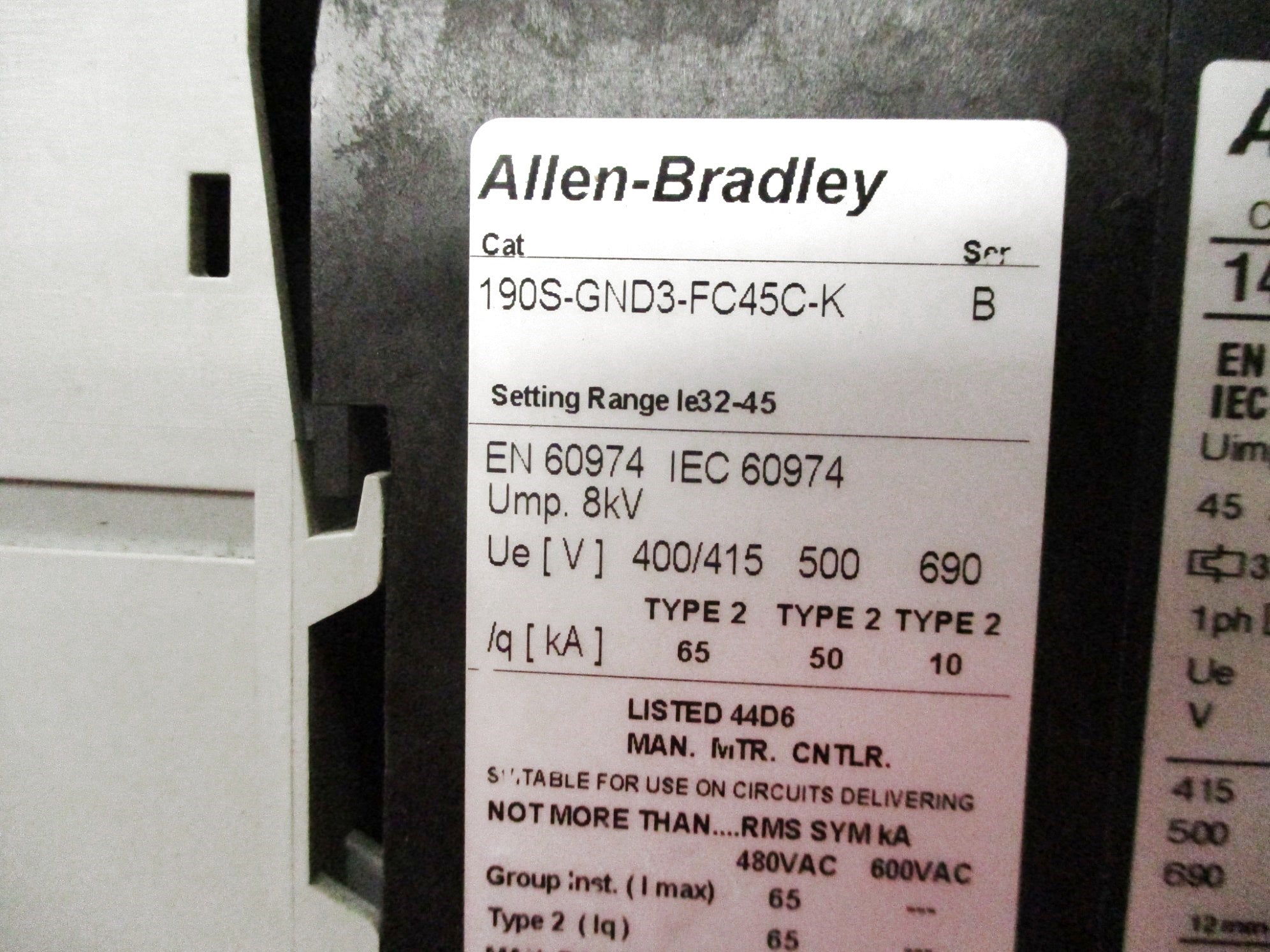 INDUSTRIAL SPARE PART 190S-GND3-FC45C-K SER. B 32-45A 120V UNMP