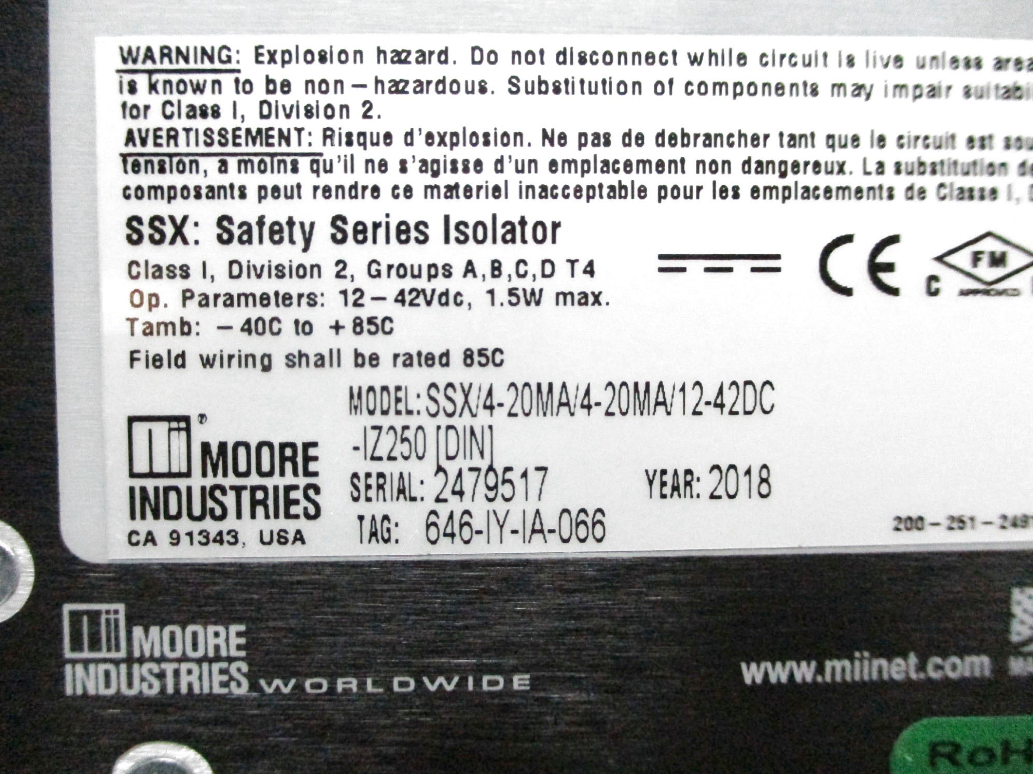 MOORE INDUSTRIES SSX/4-20MA/4-20MA/12-42DC-IZ250[DIN] UNMP