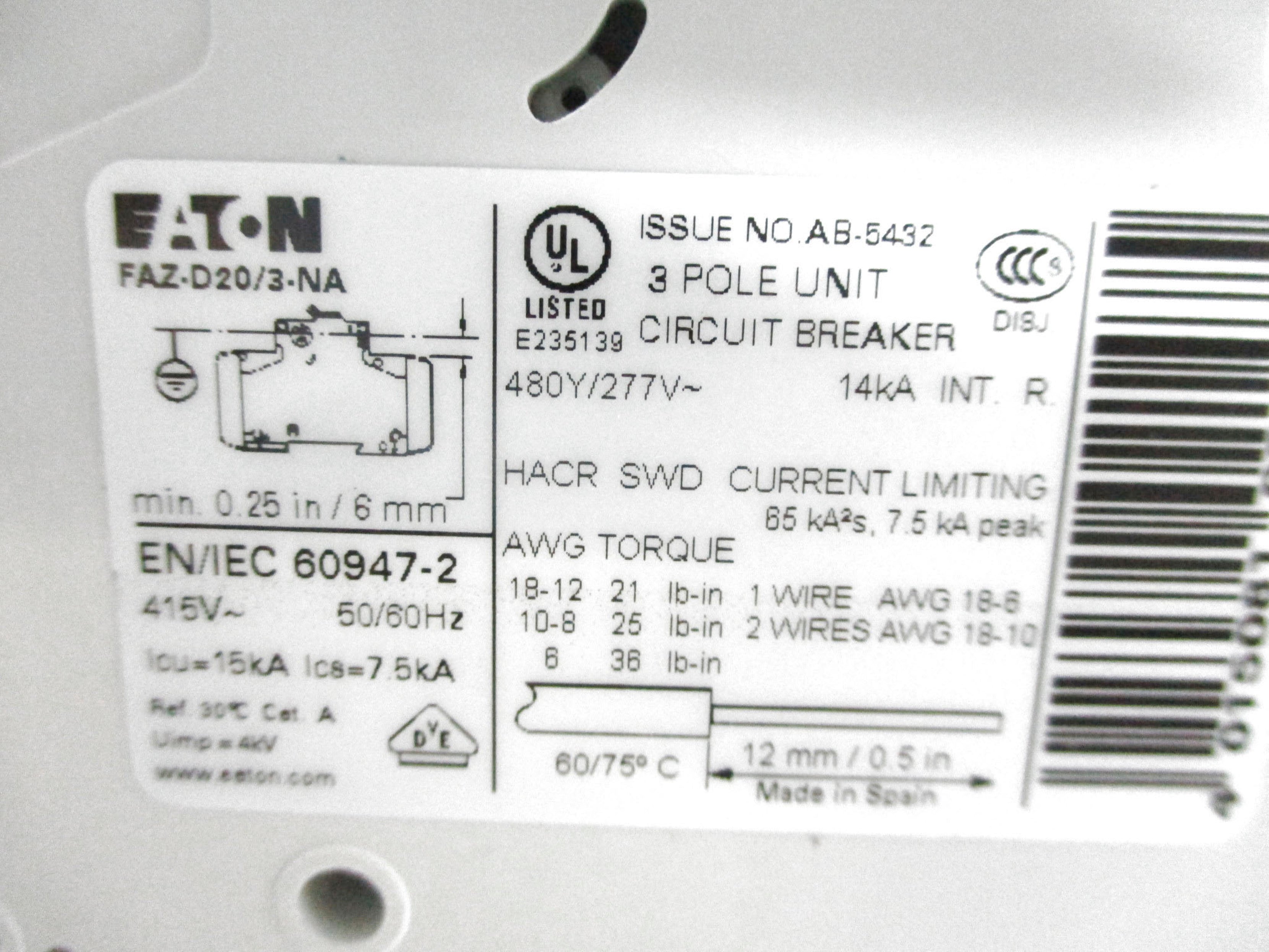 EATON FAZ-D20/3-NA 20A 277VAC NSMP