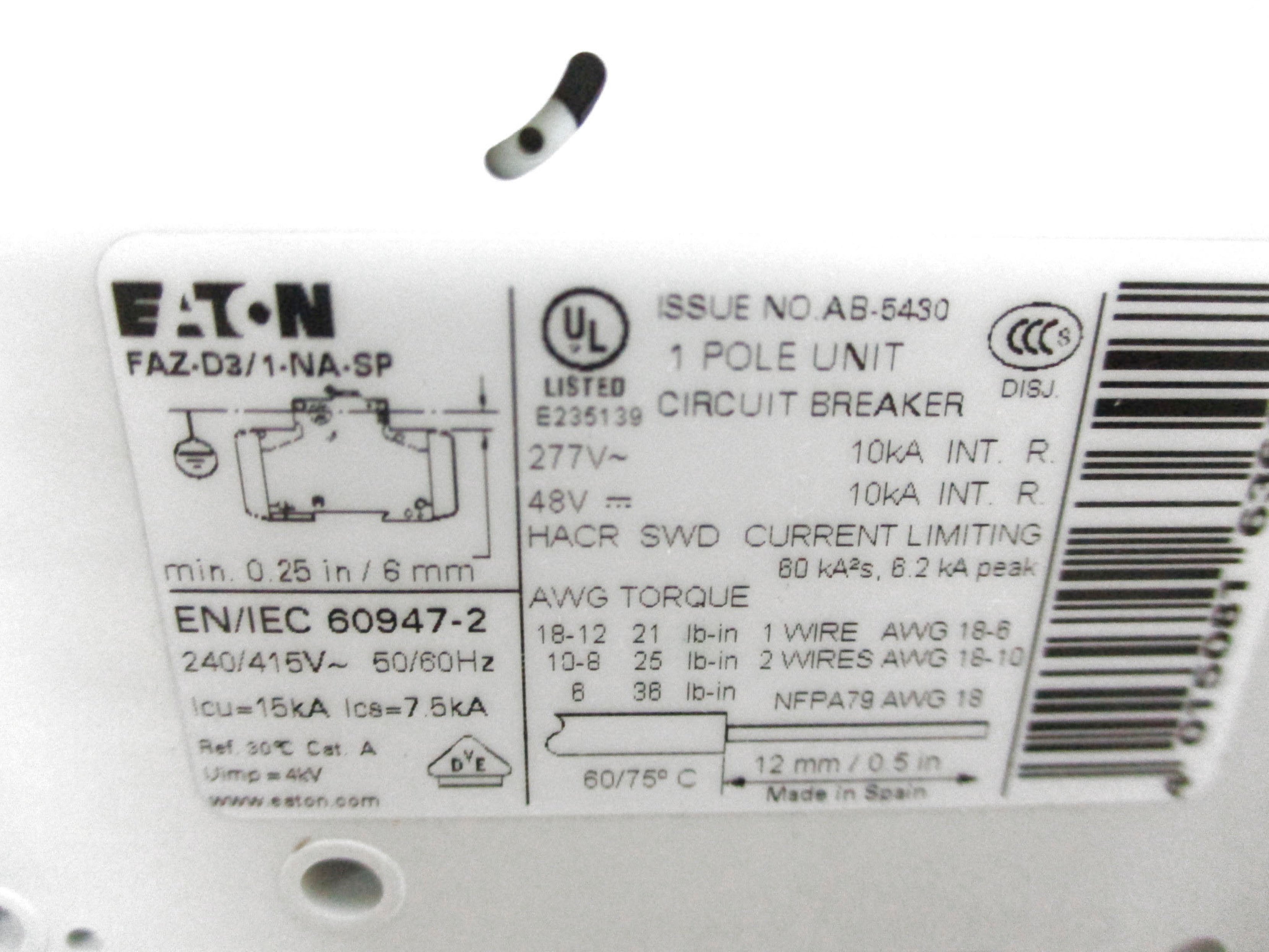 EATON FAZ-D3/1-NA-SP 3A 277VAC NSMP