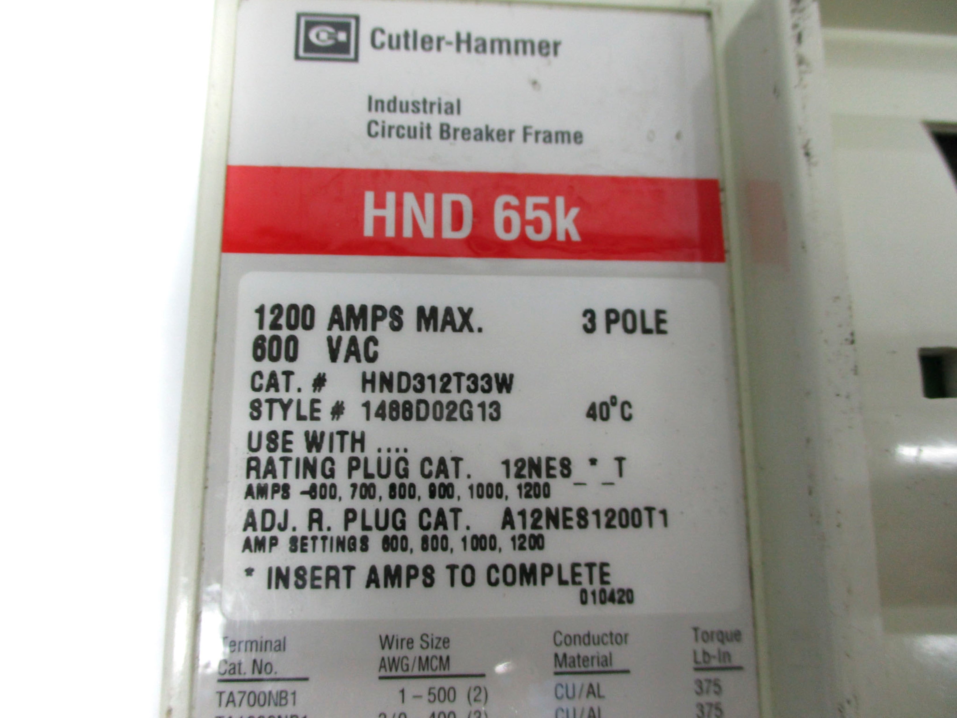CUTLER HAMMER HND312T33W 1200A 600VAC (AS PICTURED) UNMP