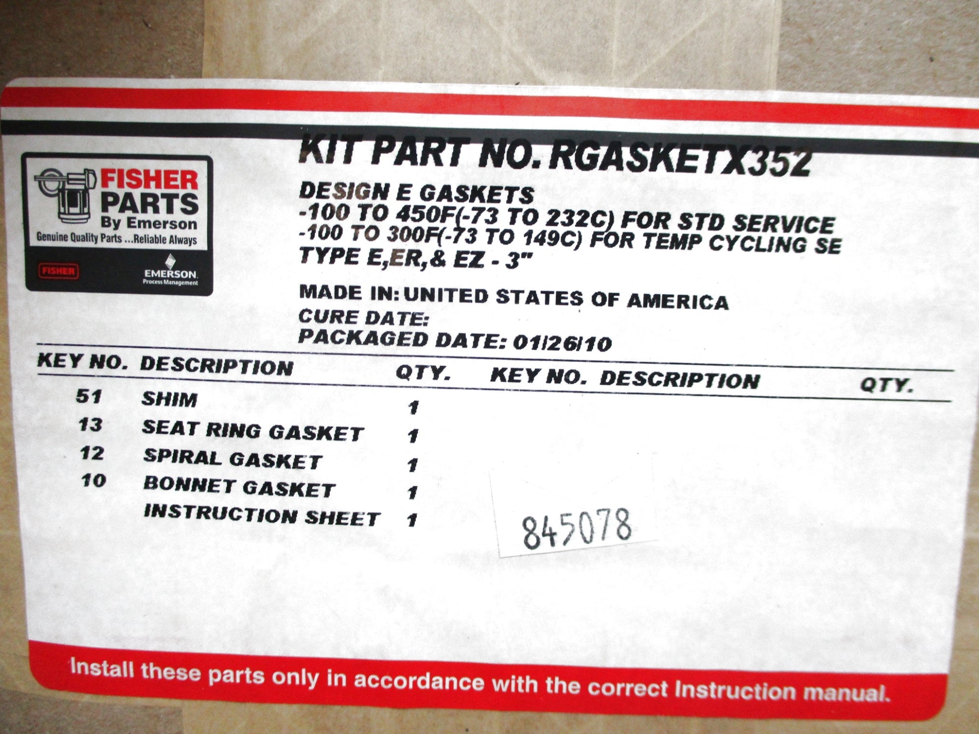 FISHER RGASKETX352 NSMP