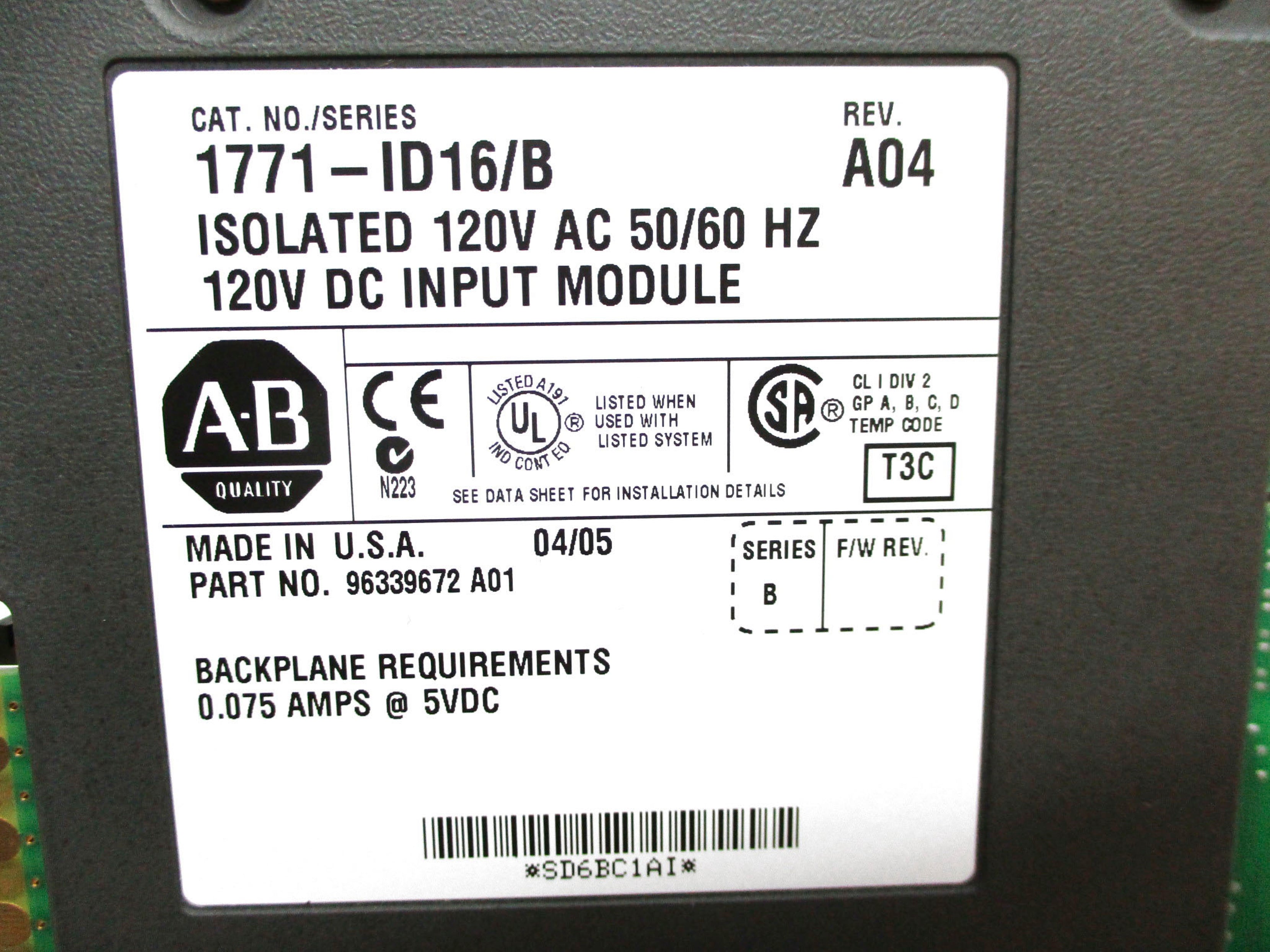 ALLEN BRADLEY 1771-ID16 SER. B 120VAC REV. A04 NSMP