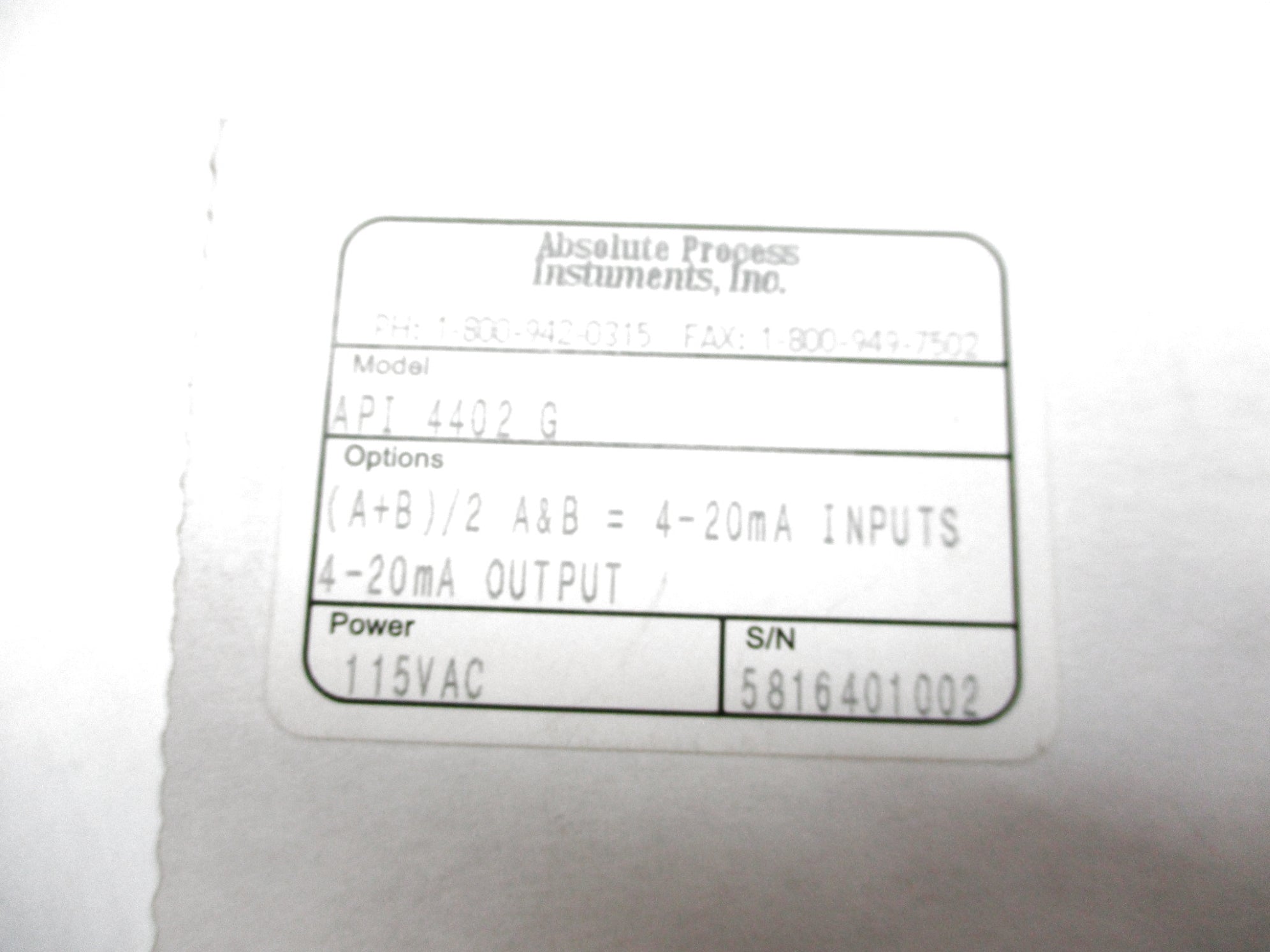 ABSOLUTE PROCESS INSTRUMENTS API4402G 115VAC NSMP