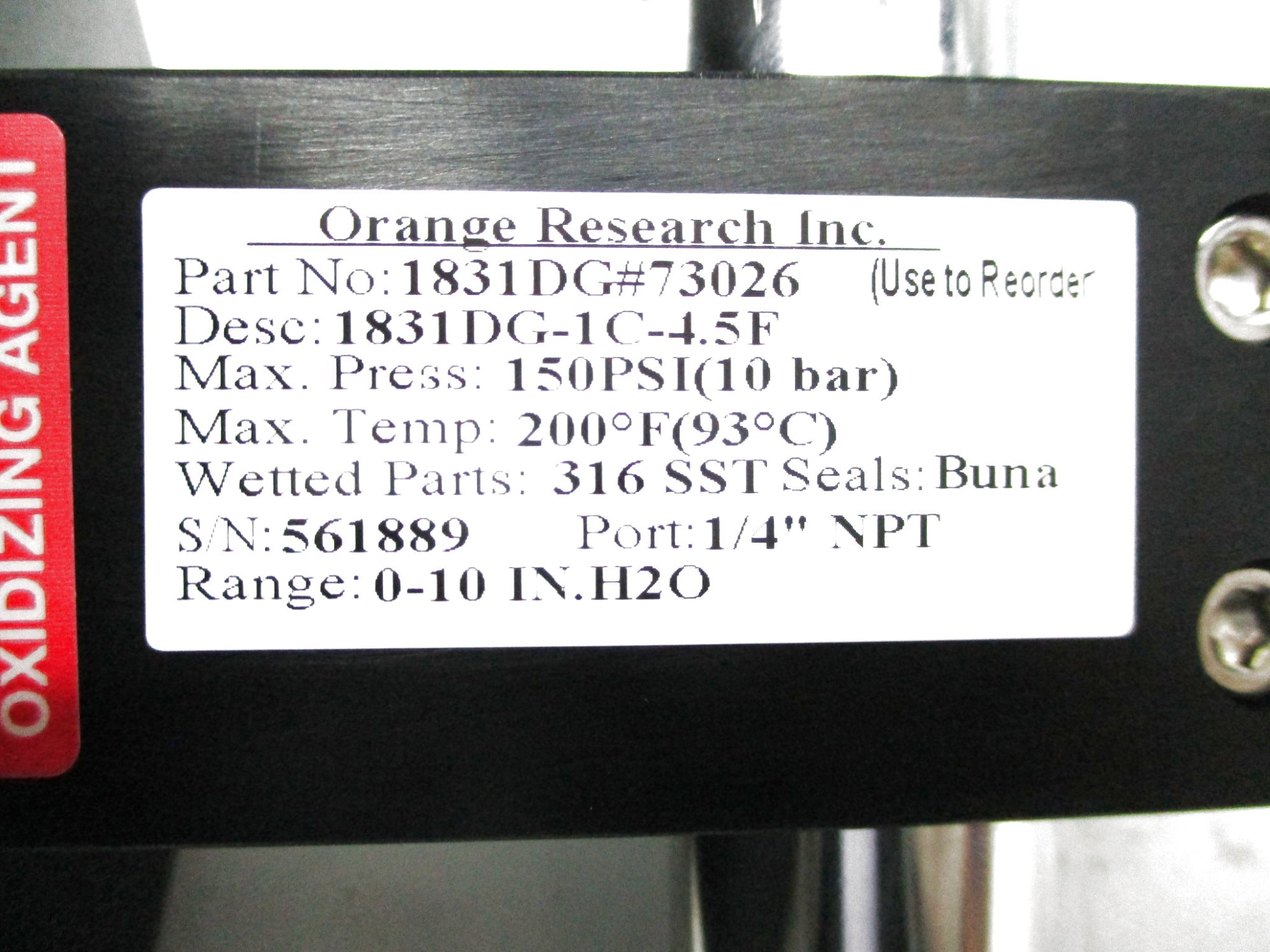 ORANGE RESEARCH 1831DG#73026 0-10"H2O NSNP